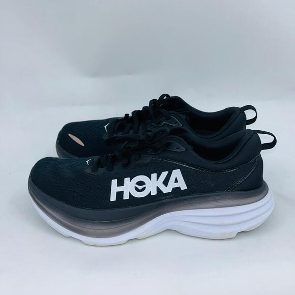 HOKA MENS BONDI 8 WHITE-BLACK MESH COMFORTABLE ROBUST RUNNING SHOES SIZE 9.5D